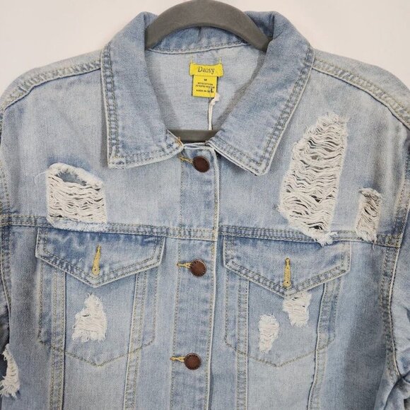 Daisy Distressed Cropped Jean Jacket in Medium Denim Wash - Size Medium - Picture 2 of 8